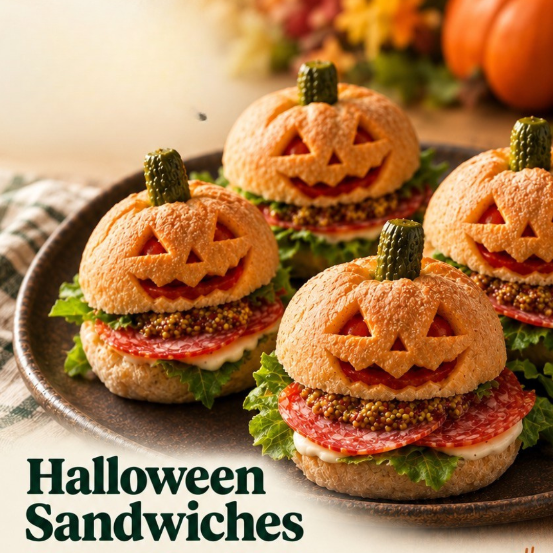 Four gluten-free Halloween sandwiches made with Gifted Breads Dinner Rolls, each top carved with a jack-o’-lantern face and topped with a cornichon stem, filled with salami, mozzarella, tomato and lettuce.